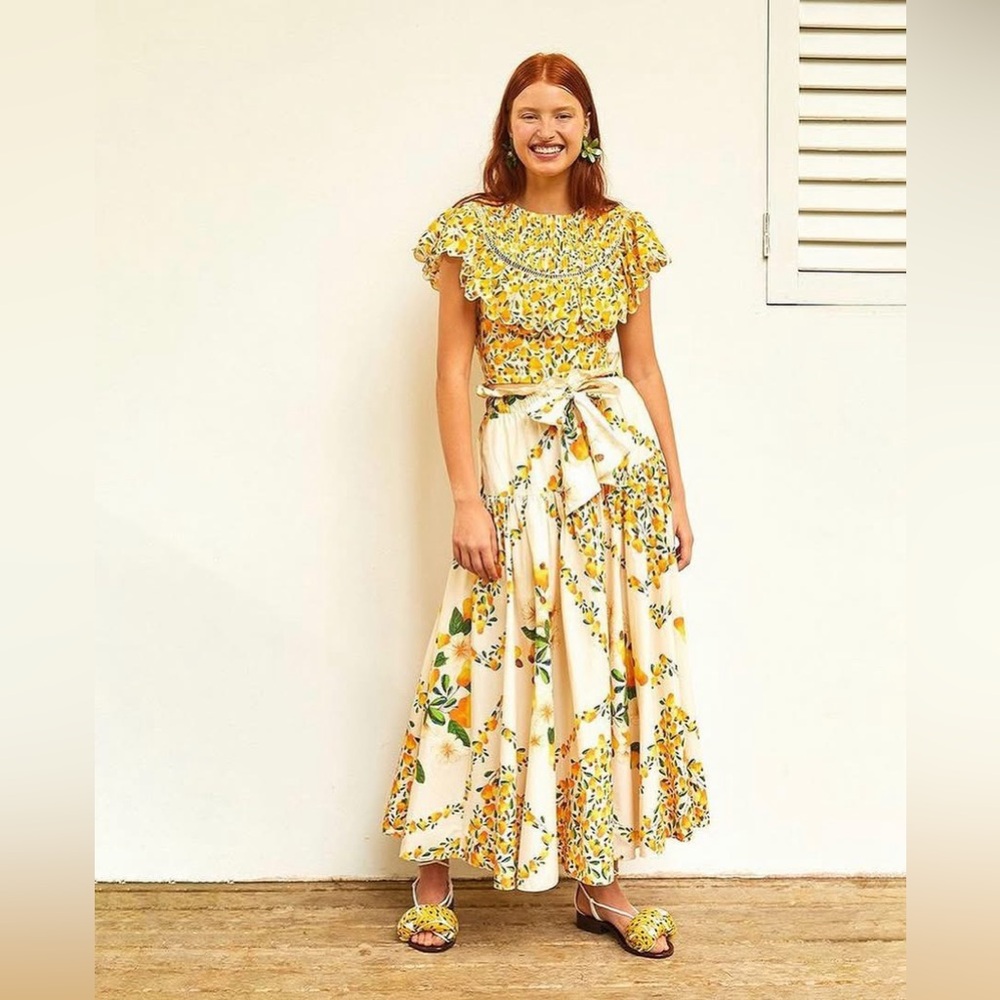 Farm Rio "Off-White Cashew" Printed Midi Skirt Size Small